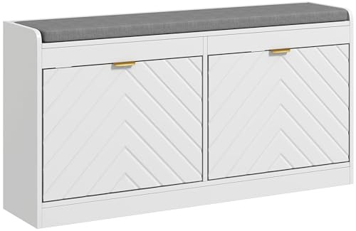 HOMCOM Banc à Chaussures avec tiroir Rabattable, Assise rembourrée, Banc de Rangement étroit, Porte à Motifs de Lignes en Relief et étagère réglable, pour entrée ou Couloir, 106 x 24 x 52,5 cm, Blanc