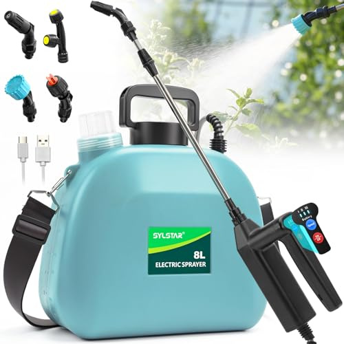 SYLSTAR Pompa Irroratrice a Batteria 8L, 3 Velocità Pompa a Spalla a Batteria con Indicatore, 7.4V Atomizzatore Potente, 4 Ugelli Regolabili Spruzzatore Elettrico per Giardino Cortile Prato
