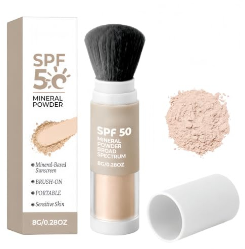 Polvere fissante solare con pennello per bambini e adulti, polvere solare minerale SPF 50 per cuoio capelluto e viso, effetto opaco naturale controllo olio, leggera. (1Pezzo)