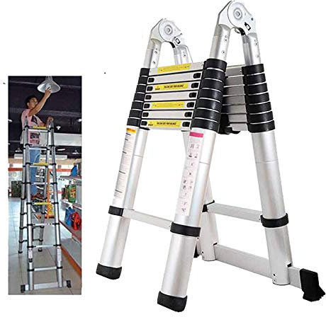 5M Loft Ladder A Frame 16 Tread Step Ladder Telescopic Aluminium Multi-Purpose Foldable Hold Up to 150kg EN131 Standard