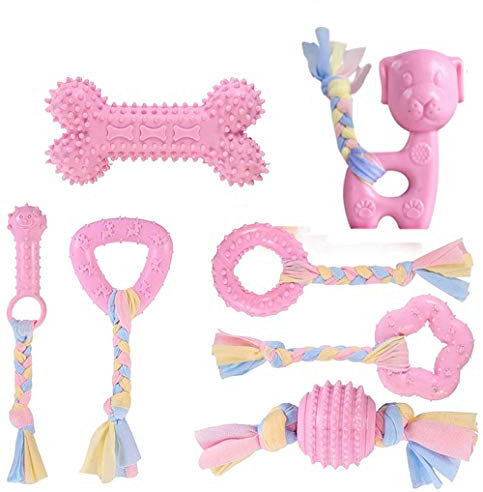 CAMITER Hundespielzeug, Kauspielzeug für Hunde, Aggressives Kauspielzeug für Welpen/kleine, mittelgroße Hunde mit Ball und Baumwollseilen Interaktives Hundespielzeug-Seil Kauen（7 Stück） (Rosa)