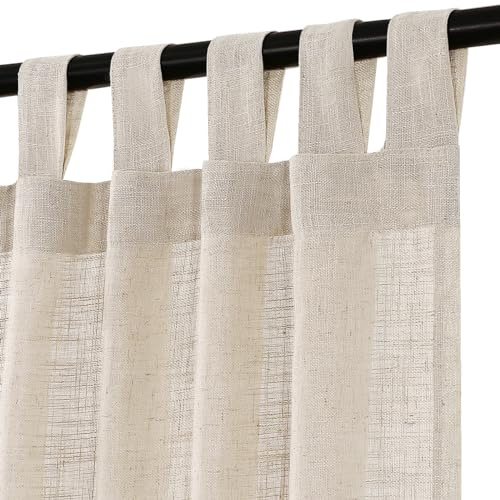 Turquoize Linen Tab Top Curtains, 63 Inch Light Filtering Farmhouse Curtains & Drapes for Living Room, Bedroom - Natural Linen Blended Window Treatments, W52 x L63, 2 Panels
