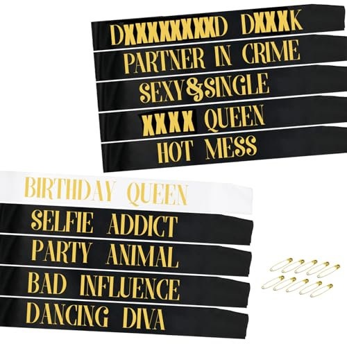 TEUVO 10 Stück Geburtstag Schärpe Birthday Sashes for Girls, Schärpe Frau Satz mit 9St Schwarz Satin Schärpen + 1St Weiß Geburtstag Queen Schärpe zum Geburtstag Parteien Dekorationen Gefälligkeiten