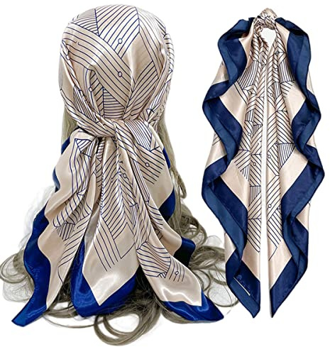 FAIRYGATE Satin Scarf Women Bandana Hijab 90cmX90cm Square Silk Scarves Ladies Shawls and Wraps for Head Hair Neck Scarfs Printed Stripe Pattern 28009