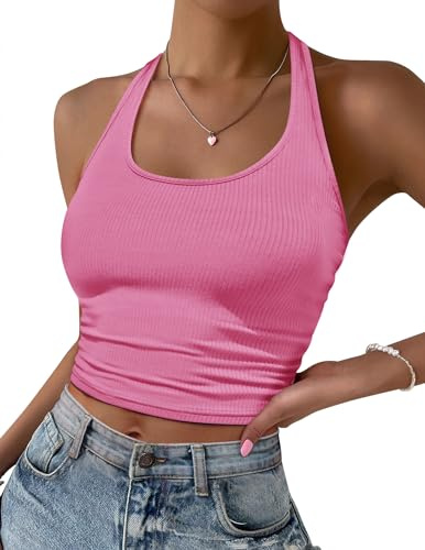 Ekouaer Debardeur Femme Crop Top Chic Et Élégant Ete Mode Dos Nu Sport Top Femme Côtelé Tricoté Debardeur S-XXL