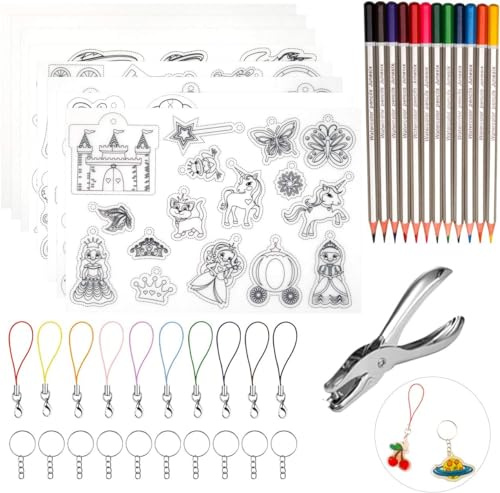 GWHOLE Heat Shrink Plastic Sheet Kit,8 Sheets Shrink Film Art Paper,Rolling Mills, 12 Colored Pencils and 20 Pieces Key Rings for DIY Ornaments Creative Chrsitmas Craft Gift