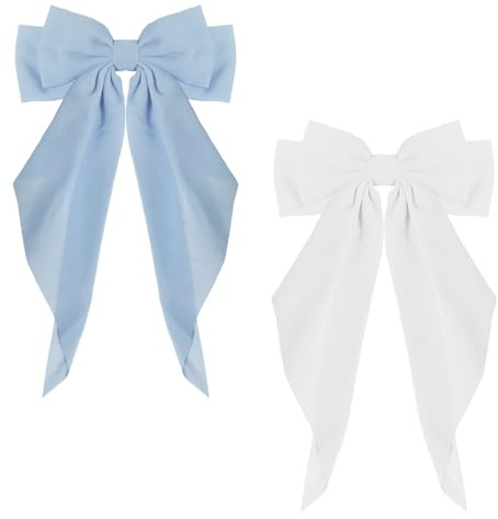 ZEVONDA 2 Pieces Big Bow Barrettes - Chiffon Hair Bow Clips French Bowknot with Long Tail Solid Color Bowknot Metal Hairpin Women Girl (Blue+White)