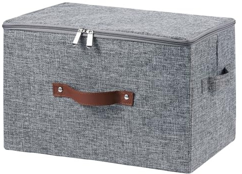 VinneGenzz Storage Bins with Zipper Lid Cotton Linen Fabric Lidded Storage Baskets Boxes Foldable Washable Closet Shelf Clothes Organizer Container with PU Leather Handles (Gray, Large Size)
