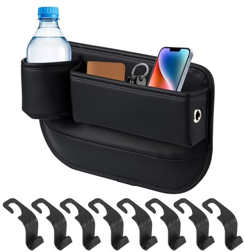 Adjustable Car Leather Cup Holder Gap Bag, Driver Leather Cup Storage Box with 8 Hooks, PU Leather Gap Bag with Charging Hole, Auto Seat Gap Storage Box Accessories Interior for Glasses Phones Keys