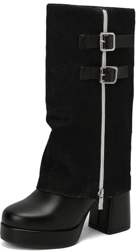 Renessmi Tacco a Blocco con Risvolto Donna Stivali a Metà Polpaccio Punta Rotonda Plateau Denim Side con Cerniera Fibbia Largo Calf Stivali da Equitazione Footwear Nero Numero 38 EU-39 Cn