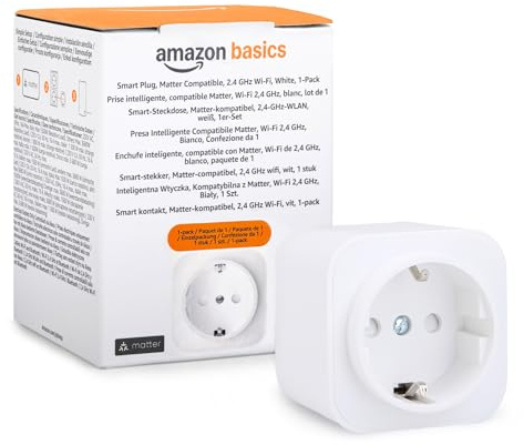 Amazon Basics Enchufe inteligente, compatible con Matter, Amazon Alexa, Google Home y Apple HomeKit, se requiere un concentrador Matter, 2,4GHz, solo Wi-Fi, blanco, Paquete de 1