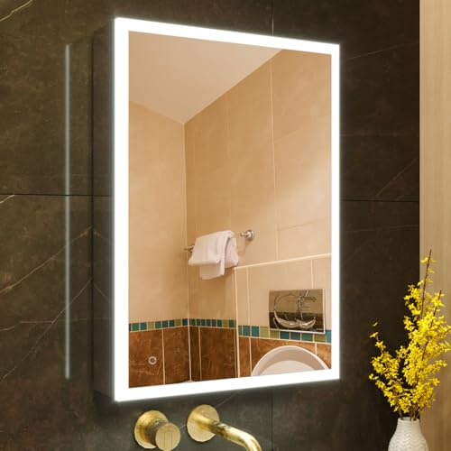 KWW LED éclairage Salle de Bains Armoire à Pharmacie avec Miroir, Température de Couleur réGlable, Prise et USB, Armoire à Pharmacie Miroir Mural (Charnière gauche-50×70)