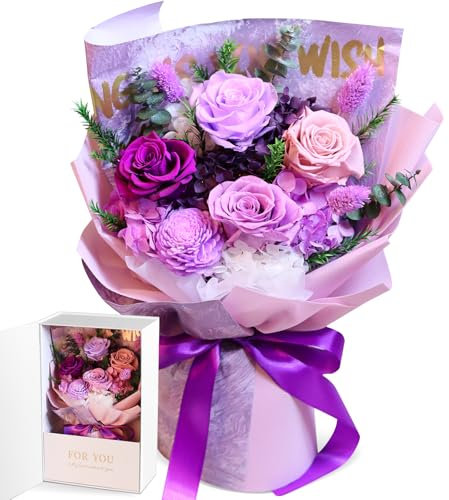 Oerdoh Flowers for Delivery Prime, Preserved Flowers, 5 Forever Purple Roses, Long-Lasting Flower Bouquet with Gift Box, Happy Birthday Flowers Gifts for Women Mom Grandma Wife Friends