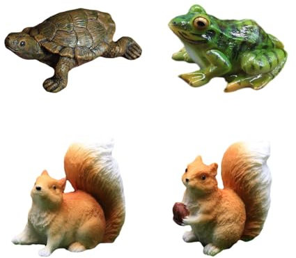 tintoke 4 pièces Statue Grenouille Figurine,Statue de Tortue décorative en résine,Figurines d'écureuil Mignonnes,Figurines d'écureuil décoratives,Convient aux Jardins, étangs, Pots de Fleurs, etc.