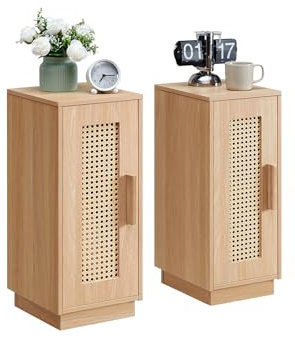 OCTTZ Lot de 2 Tables de Chevet, Table de Nuit en Rotin avec 2 Compartiment Chambre, Tables d’Appoint Bohème en Bois, pour Chambre, Salon, Naturel