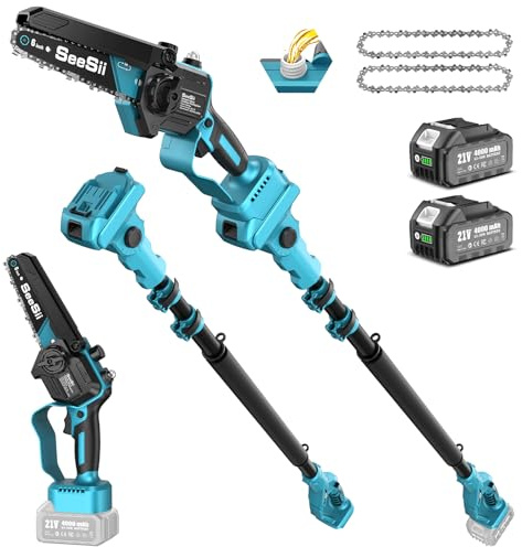 SEESII 2-en-1 Inalámbrica Podadora Telescópica & Mini motosierra, Podadora Eléctrica sin Escobillas de 6 Pulgadas con Asta Telescópica, Mini Motosierra a Batería con 2 Baterías de 4000 mAh.