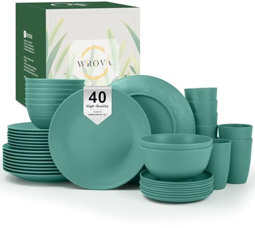 Wrova Reusable Dinner Set 40 PCS Plastic Dinnerware Set Unbreakable Plastic Dish Set Service for 8, Microwave Safe Plates and Bowls Sets Lightweight Outdoor Dishes - DarkGreen