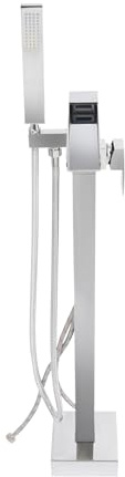 Robinet de baignoire sur pied avec tuyaux d'eau chaude et froide, raccords standard G 1/2, cascade, pivotant à 360°, avec douchette à main, argenté