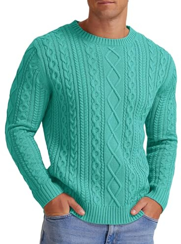 Hisir Men's Cable Knit Jumpers Winter Casual Crew Neck Thick Warm Long Sleeve Sweater Pullover Tops for Men UK (Blue Green, M)