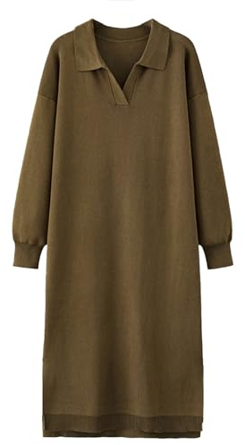 Generisch Abito Maglione Donna Collo Polo Casual Lungo Manica Lunga Dritto Spacco Laterale Maxi Larga Autunno Inverno