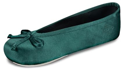 isotoner Women's Classic Stretch Satin Ballerina Slippers with Bow Tie and Leather Sole, Dark Pine, 9.5-10.5