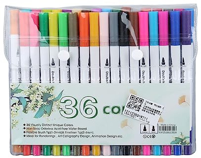 plplaaoo Lot de 36 marqueurs professionnels à double pointe pour aquarelle, 36 couleurs, avec pointes de pinceau en fibre flexible, pour coloriage dessiné à la main, dessin animé, design