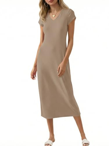 Wenrine Robe midi à manches courtes pour femme, col en V, robe longue, couleur unie, t-shirt