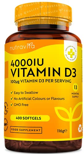 Nutravita Vitamina D3 4000 UI con 400 Comprimidos Softgel de Alta Dosis - Para Articulaciones, Huesos y Sistema Inmune - Suministro para 13 Meses - Vitaminas D Colecalciferol