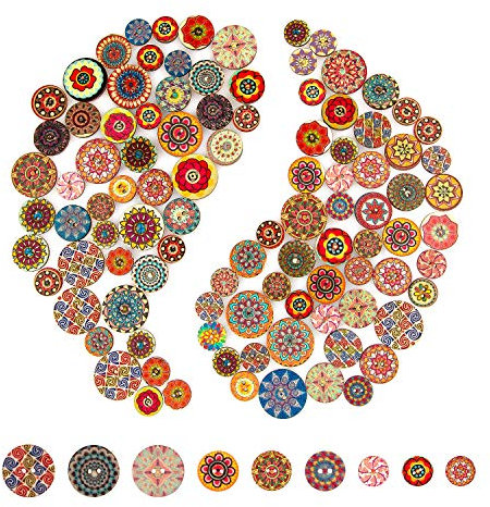 AIEX 100 Stück gemischte Knöpfe, zufällige Auswahl, Blumenmalerei, runde Formen, Retro-Knöpfe aus Holz, für Bastelarbeiten, 15 mm, 20 mm, 25 mm