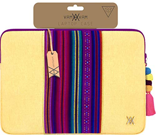 VAMVAM Custodia gialla per laptop fino a 14 con fascia decorativa centrale in tessuto colorato in stile etnico. Imbottita e rinforzata con cerniera.