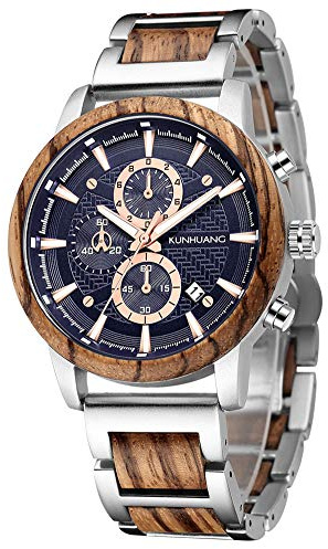 XIRUVE Reloj de Madera de Pulsera Natural Cuarzo Multifunción para Hombre Fecha Cronógrafo