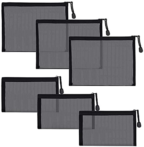 besharppin 6 Pack Mesh Cosmetic Bags, Nylon Makeup Pouches with Zipper for Home Office Purse Diaper Bag (Black)