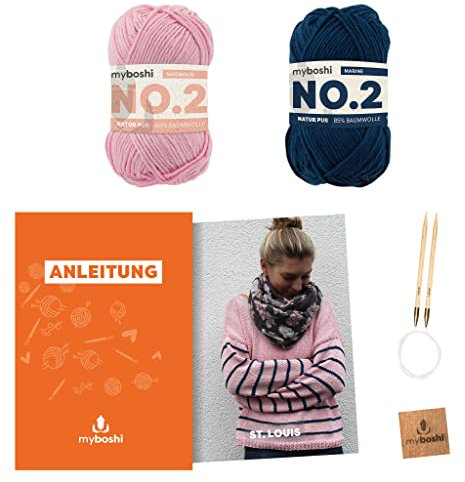 myboshi Strickset Pullover St. Louis, Strickset für Anfänger, inkl. No.2 Wolle, Nadel und Anleitung, Label, Strickpaket, 85% Baumwolle, 15% Kapok Pink, Blau, mit Rundstricknadel