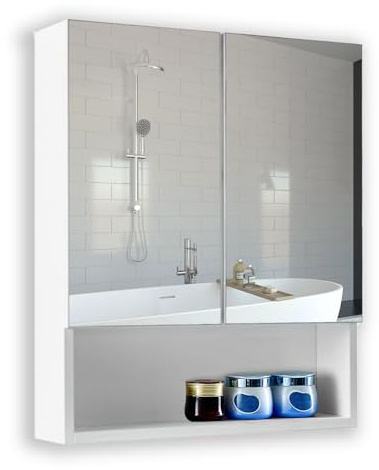 LEMROE Bathroom Mirror Cabinet with 2 Doors, 50 x 60cm Bathroom Wall Mounted Cabinet with Adjustable Shelves Storage Cupboard, White