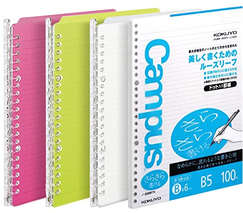 KOKUYO Campus Smart Ring Binder, Up to 25 Sheets, B5, 26 Holes (Pink, Yellow Green, Clear & 100 Sheets Paper Set) (ﾙ-SP130)