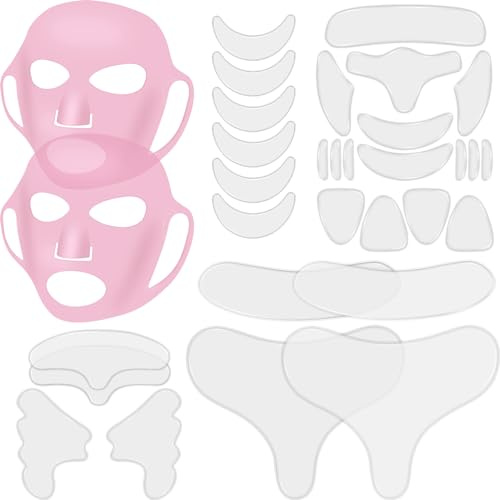 32 Parches Faciales de Silicona Almohadilla para Cara Cuello Pecho Frente Cubierta de Máscara Facial de Silicona Reutilizable para Dormir Alisar Mejillas Ojo Boca Piel (Transparente)