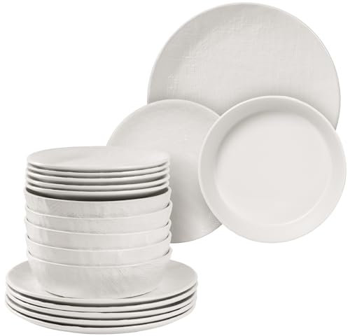 Navaris Linen Artisan Stoneware Dinner Sets for 6 People (18 Pieces) - Dishwasher and Microwave Safe Plates and Bowls Set - Dinner Plates, Dessert Plates, and Bowls Dinnerware Set - Linen White
