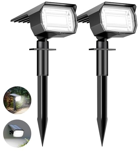 btfarm Lot de 2 Spot Solaire Exterieur, 72 LED Lampe Solaire Etanche IP65, Lumiere Solaire avec 3 Modes d'Éclairage, Réglable 120° Projecteur Solaire Extérieur pour Jardin Allée Chemin Blanc Froid