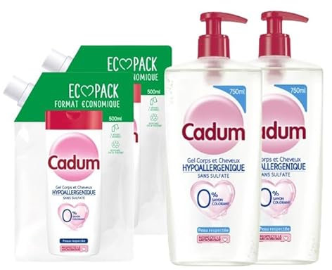 CADUM - Lot de 4 gels douche, 2 Hypoallergénique 750ml + 2 éco recharges Hypoallergénique sans sulfate 500ml