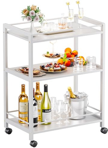 HITNET Servierwage Weiß, Küchenwagen auf Rollen, 3-Stöckiger Barwagen mit Rädern und Ablageregalen, Getränkewagen für Küche, Esszimmer, Wohnzimmer
