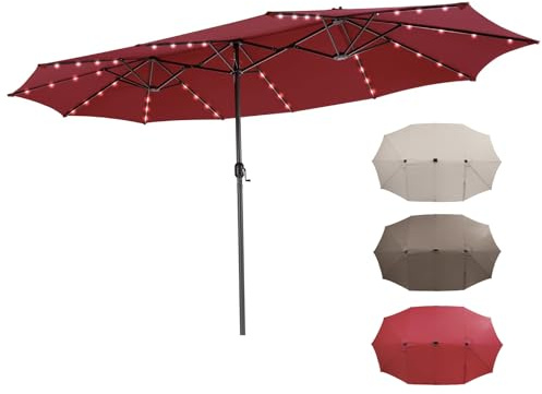 RELAX4LIFE Ombrellone Doppio da Giardino 4,5x 2,6m con Luci LED, Ombrellone Grande con Base, Apertura Manovella, Tetti Ventilati, per Patio, Cortile, Ristorante (Bordeaux-Luci, 4,5 x 2,6 M)