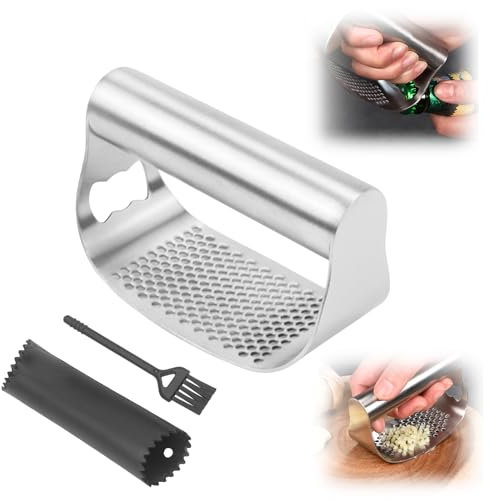 Edelstahl Knoblauchpresse, 2024 Upgrade Knoblauchpresse Wippe, Verbesserte Garlic Press, Knoblauchschneider mit Reinigungsbürste und Knoblauchschäler zum Zerkleinern von Knoblauch, Küchengerät