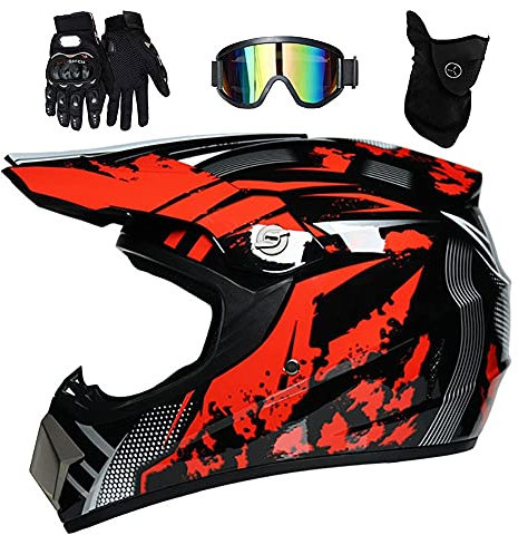 Jeunesse Enfants Casque Motocross, Intégral Hors Route MX Moto Casque VTT Scooter Casque, Descente Enduro MTB BMX Vélo Tout-Terrain Accident Casque, avec Lunettes Gants Masque(Red,S/52-53CM)