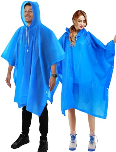 ANYOO Poncho Antipioggia Impermeabile per Adulti, 2 Pezzi Mantelli Impermeabile PEVA Riutilizzabili con Cappuccio per Uomo e Donna Festival, Trekking, Campeggio, Escursioni, Blu, Taglia Unica