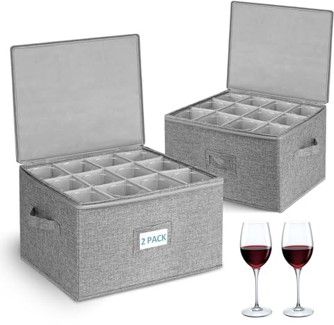 Cirhy Wine Glass Storage Box Hard Shell, 10'' Tall Stemware Storage Containers for Moving, Holds 24 Crystal Glasses & Flutes, Stackable Glassware Chest with Dividers, Grey (2-Pack)