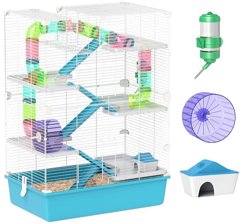 PawHut Gabbia per Criceti a 6 Livelli con Tubi, Casetta, Bottiglia d'acqua, Rampe, Ciotola, Piattaforme, 2 Porte e Ruota, Gabbietta per Roditori e Gerbilli, in Metallo, PP e PS, 58x36x81 cm, Azzurro
