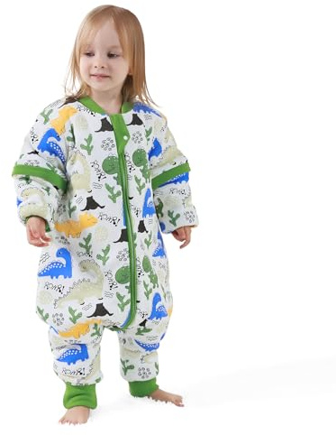 MIKAFEN Saco de Dormir para bebé de Manga Larga con pies 3,5 TOG Invierno, Saco de Dormir de Invierno para niños con piernas, Dinosaurio de 75-85 cm
