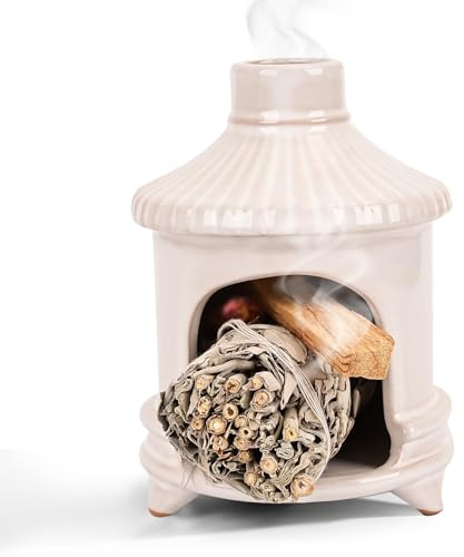 Belsea Palo Santo Holder, Mini Fireplace Palo Santo Burner, Handmade Ceramic Smudge Bowl for Sage, Incense Cones, Candles, Chimenea Ash Catcher for Meditation, Yoga, Spa, Home Decor (White)