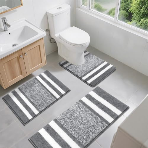 Pauwer Juego de 3 piezas de alfombrillas de baño antideslizantes y alfombrilla de inodoro súper absorbentes de agua Juego de alfombrillas de baño de microfibra suaves y peludas lavables a máquina para