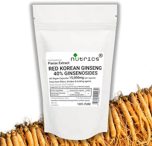 Nutrics® 15,000mg (per Capsule) 40% Ginsenosides RED Korean Ginseng Extract 60 V Capsules - Strong One A Day - Free from fillers, Binders & Bulking Agents PANAX